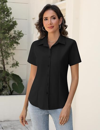 Women's Spread Collar Short Sleeve Slim Fit Button Down Oxford Shirt