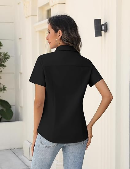 Women's Spread Collar Short Sleeve Slim Fit Button Down Oxford Shirt