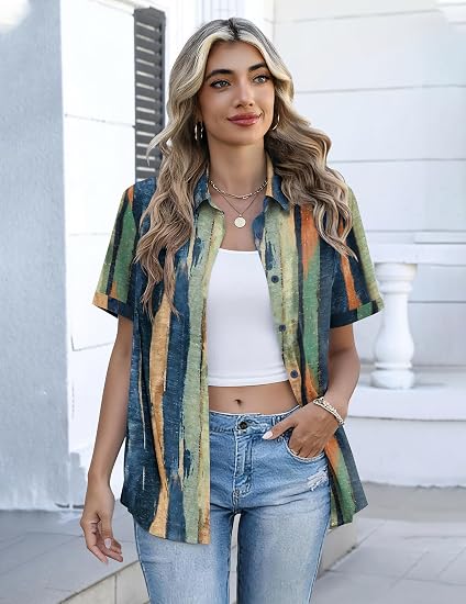 Women's V-Neck Collared Roll Cuff Short Shirt