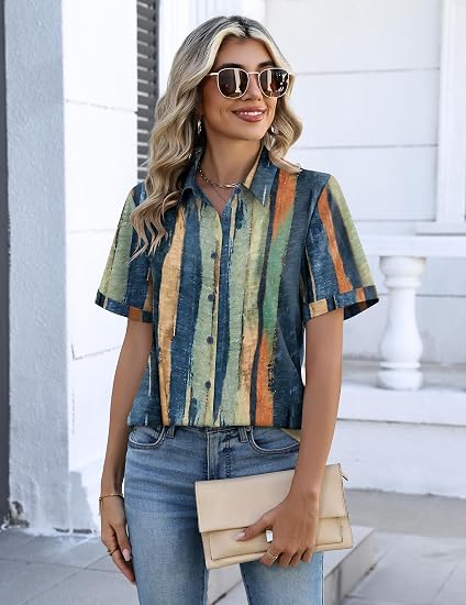 Women's V-Neck Collared Roll Cuff Short Shirt