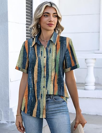 Women's V-Neck Collared Roll Cuff Short Shirt