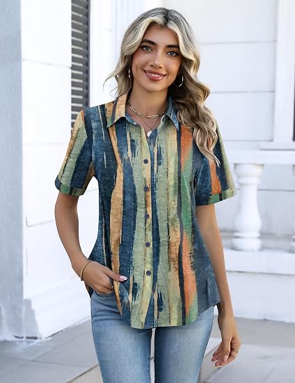 Women's V-Neck Collared Roll Cuff Short Shirt