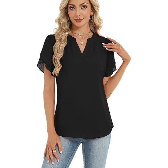 Women's V-Neck Petal Short Sleeve Shirts