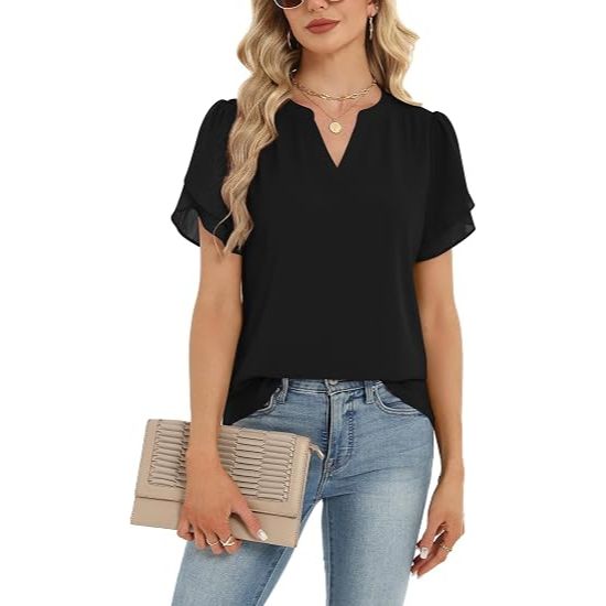 Women's V-Neck Petal Short Sleeve Shirts
