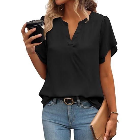 Women's V-Neck Petal Short Sleeve Shirts