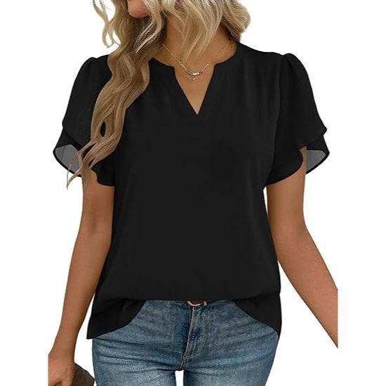 Women's V-Neck Petal Short Sleeve Shirts
